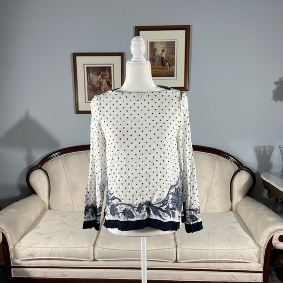 Zara Paisley & Geometric Polkadot Long Sleeve White & Blue Pattern Blouse Medium - Picture 2 of 12
